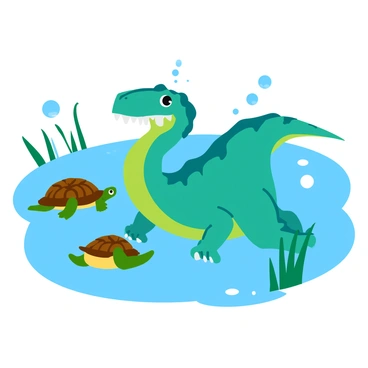 A large mosasaurus with a streamlined body and sharp teeth is in the water, partially submerged. Its scales are a vibrant blue-green, glistening in the sunlight. The mosasaurus has its eyes fixed on an unsuspecting prehistoric turtle, which has a textured shell and flippers, swimming gracefully nearby. The turtle's shell is a mix of earthy browns and greens. Bubbles rise from the mosasaurus as it readies itself to ambush, creating a sense of movement in the water. The surrounding environment includes some underwater plants swaying gently with the current.