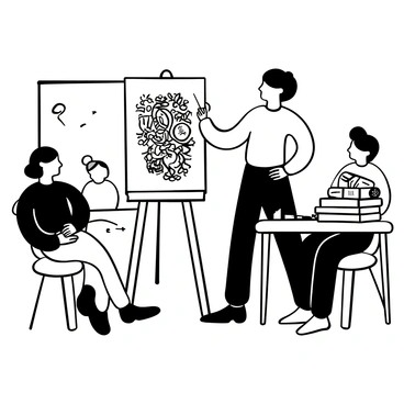 A student standing beside a large easel displaying their final illustration project. The easel holds a detailed black-and-white illustration featuring intricate designs and patterns. The student is holding a pointer in one hand, gesturing towards the artwork. In the background, several classmates are seated, attentively observing the presentation. A stack of sketchbooks and art supplies is placed on a nearby table. A classroom setting with desks and a chalkboard is visible.
