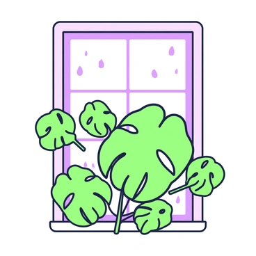 A large window is set in a wall, offering a view of the outside. In front of the window, several "monstera leaves" are visible, gently swaying in the breeze. Sunlight filters through the leaves, creating a pattern of light and shadow on the window pane. The window frame is made of wood, and there are small droplets of water on the glass, adding a fresh appearance. The leaves are vibrant and lush, with their distinctive holes and slits prominently displayed.