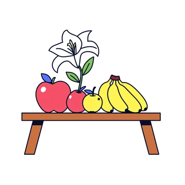 A classic still life arrangement on a simple wooden table. There is a large, elegant white lily with delicate petals prominently displayed. Beside the lily, there are ripe fruits including a shiny red apple and a cluster of yellow bananas. The fruits are positioned together, creating a vibrant contrast with the flower. The background is neutral, allowing the colors of the lily and fruits to stand out.