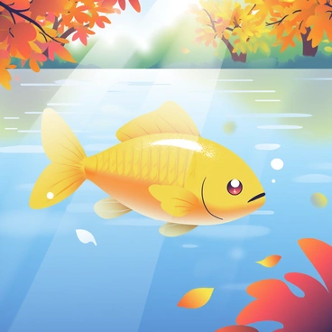 A shimmering golden Magikarp is swimming in a crystal-clear lake. The water is reflecting the vibrant colors of autumn leaves that are scattered around the lake's edge. The leaves display shades of orange, red, and yellow, gently floating on the surface. Sunlight filters through the trees, casting dappled patterns on the water. The Magikarp's scales are sparkling in the sunlight, creating a stunning visual contrast against the serene backdrop of the lake.