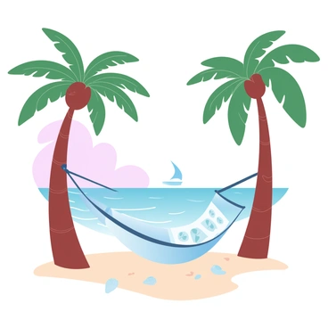A hammock made of dollar bills is hanging between two tall palm trees with green fronds swaying in the gentle breeze. The beach sand is fine and light in color, stretching out towards the turquoise ocean waves. In the background, the sky is painted in a gradient of pastel colors, transitioning from soft pink to light blue as the sun begins to set. The scene is tranquil, with a few scattered seashells on the sandy shore and a distant silhouette of a sailboat on the horizon.