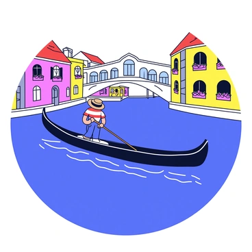A gondolier wearing a classic striped shirt and a straw hat is rowing a gondola through the canals of Venice. The gondola is sleek and dark, reflecting the light of the water. Surrounding the gondola, there are charming buildings with colorful facades and window boxes filled with flowers. The water is a deep blue, gently rippling as the gondolier glides through the canal. In the distance, iconic Venetian bridges arch gracefully overhead. The scene captures the essence of Venice's unique atmosphere.