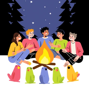 A group of five friends sitting around a bright campfire. The fire crackles with orange and yellow flames, casting warm light on their faces. Each friend has a different expression, showcasing joy and laughter as they share stories. Nearby, five colorful baluchons are placed in a circle, varying in colors of red, blue, green, and yellow, each with intricate patterns. The background features dark trees silhouetted against a starry night sky. The atmosphere is cozy and inviting, emphasizing friendship and camaraderie.