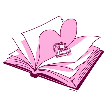 An engagement ring sitting inside an open book with pages shaped into a heart
