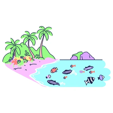 A shoreline of a tropical island is visible, with soft sand and gentle waves lapping at the edge. Clear waters extend into the horizon, revealing vibrant tropical fish swimming gracefully beneath the surface. The fish display various shapes and sizes, some with elongated bodies, while others are more rounded. Around the fish, colorful coral formations can be seen, providing a rich habitat beneath the water. Palm trees line the beach, their leaves gently swaying in the breeze. In the distance, a small rocky outcrop emerges from the water, adding to the scenic beauty of the tropical landscape.