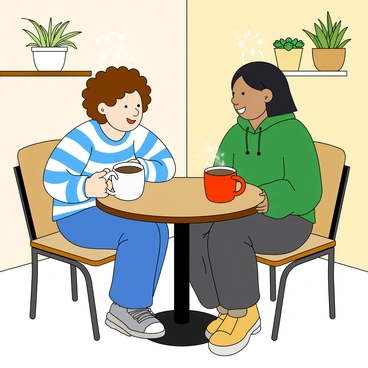 Two friends are sitting at a small round café table. The first friend has curly brown hair and is wearing a striped blue and white shirt. The second friend has straight black hair and is dressed in a green hoodie. Both are leaning slightly towards each other, sharing a laugh. In front of them, there are two steaming cups of coffee, one with a white mug and the other in a bright red cup. The background features a cozy café atmosphere with soft lighting and a few potted plants on a nearby shelf.
