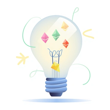 A light bulb with a clear glass exterior is filled with various Ethereum symbols in different sizes, floating within the bulb. The filament of the bulb is visible, glowing softly. Around the bulb, there are delicate, swirling lines of light that suggest innovation and creativity. Below the light bulb, there is a smooth surface reflecting its image. The overall composition conveys a sense of brightness and inspiration.