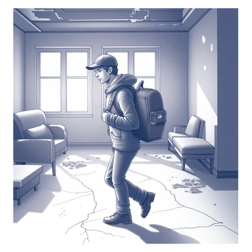 An explorer carrying a sac-à-dos is walking through an old, abandoned building. The explorer is dressed in rugged outdoor clothing, with sturdy boots and a headlamp on the front of their backpack. Sunlight filters through broken windows, casting sharp shadows on the cracked floor. Dust particles float in the air, illuminated by the light. The walls are peeling, revealing layers of old paint, and the ceiling shows signs of decay, with exposed beams. Old furniture, covered in dust, is scattered around, suggesting a once vibrant space that has now fallen into disrepair. The explorer's expression shows curiosity and caution as they navigate this forgotten place.
