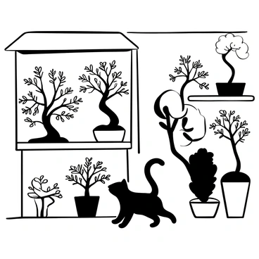 A cat with a sleek coat is stepping cautiously on a wooden floor inside a shop. The shop is filled with a variety of beautifully pruned bonsai trees, each in its own pot. The bonsai trees have intricate branches and lush foliage, showcasing different styles. The cat is curiously inspecting a small bonsai tree with twisted branches and tiny leaves. Other bonsai trees are arranged on shelves, some are tall and slender while others are compact and wide. Soft shadows are cast by the trees, creating a peaceful atmosphere.