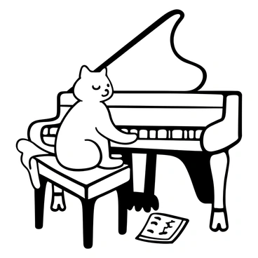 A Persian cat with long, fluffy fur sitting on a piano bench, its paw placed gently on the piano keys. The piano is polished and reflective, showcasing intricate details in its design. Soft shadows are cast across the bench, creating depth in the scene. The cat's posture is relaxed, as it gazes down at the keys. A few scattered sheet music pages are lying on the bench, hinting at a recent practice session.