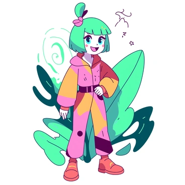 A unique digital avatar with vibrant green hair and bright blue eyes is standing confidently. The avatar has a distinctive outfit featuring a mix of orange and pink patterns, blending modern and futuristic styles. Surrounding the avatar, there is a colorful background filled with abstract shapes and swirls in both teal and yellow. The scene is lively, showcasing the avatar's personality through its expressive pose and detailed accessories.