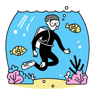 A diver, wearing a black wetsuit and scuba gear, is swimming through a vibrant underwater world. Brightly colored tropical fish with intricate patterns are swimming around him. He is surrounded by various types of coral reefs, showcasing vivid colors like pink, blue, and yellow. Sunlight filters through the water, creating shimmering patterns on the sandy ocean floor.
