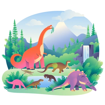 A group of dinosaurs is roaming in a lush prehistoric landscape filled with vibrant green ferns and tall cycads. In the foreground, a large Brachiosaurus is reaching high into the trees to eat leaves. Nearby, a pack of Velociraptors is seen darting through the underbrush, their feathers glistening in the sunlight. A Triceratops is grazing on some low-lying plants, showcasing its prominent frills and three distinctive facial horns. In the background, a volcano can be seen with smoke gently billowing from its peak, while a waterfall cascades into a serene lake surrounded by rocky cliffs. The sky above is a bright blue with fluffy white clouds scattered across.