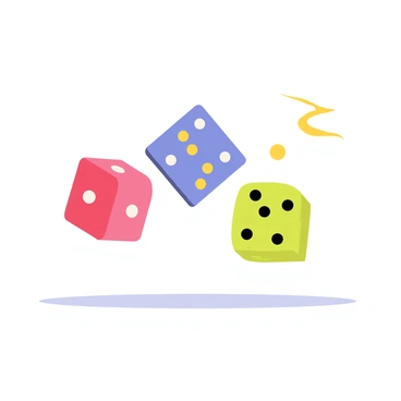 Three multi-colored dice floating in mid-air, each displaying different numbers on their faces. The first die is red with white dots, the second die is blue with yellow dots, and the third die is green with black dots. Each die is positioned at varying heights, creating a sense of dynamic movement. Their casting shadows on a light-colored ground surface adds depth to the scene, highlighting the angles and positions of the dice.