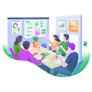 A spacious room filled with a diverse group of people seated around a long table, engaged in discussion. On the walls, colorful posters featuring environmental themes and green initiatives are displayed prominently. A large chart illustrating statistics related to sustainability hangs in the background. Some attendees are taking notes, while others point at the charts and posters. A potted plant sits on the table, adding a touch of greenery to the setting. There are cups of coffee and water bottles placed around the table, creating a collaborative atmosphere.