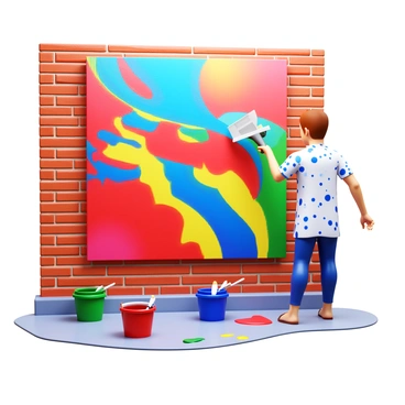 An artist wearing a paint-splattered smock is actively painting a large, colorful abstract mural on a textured brick wall. The mural features vibrant splashes of red, blue, yellow, and green, with sweeping brushstrokes and dynamic shapes. The artist is using a large brush, mid-stroke, creating a swirl of colors that blend into one another. Nearby, paint buckets in various colors are scattered on the ground, with brushes resting in them. The scene conveys a sense of movement and creativity, with paint drips and splatters on the floor.