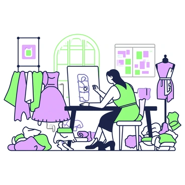 A designer is seated at a large drafting table, sketching a ball gown design on a sheet of paper. The designer has long hair tied back and is wearing a black apron. Surrounding the table, there are various fabrics draped over chairs and hanging from a rack. Rolls of fabric in different patterns and textures are scattered throughout the studio. There is a mannequin displaying a partially completed gown in the corner. The walls of the studio are adorned with sketches and color swatches pinned up for inspiration. A window lets in natural light, illuminating the creative space.