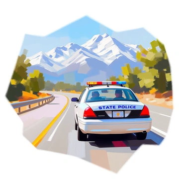 A state police officer wearing a dark uniform is driving a marked patrol car along a scenic highway. The highway winds through a picturesque landscape with towering mountains in the background, their peaks dusted with snow. Lush green trees line the sides of the road, and a clear blue sky stretches overhead. The officer's focused expression indicates vigilance as they monitor the surroundings. The car is equipped with a light bar on top, and the highway is well-maintained, adding to the serene yet structured atmosphere of the scene.
