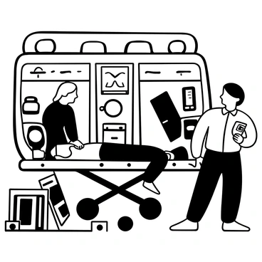 A paramedic in uniform is positioned beside a stretcher inside an ambulance, actively performing cardiac massage on a patient lying down. Medical equipment, including a defibrillator and various monitors, are visible within the confined space. The dimly lit interior is filled with a sense of urgency, with the paramedic's focused posture conveying determination. Another paramedic stands nearby, ready to assist, holding a bag valve mask. The ambulance's interior features storage compartments and emergency supplies, enhancing the critical nature of the scene.