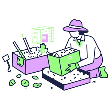 An archaeologist is kneeling at a dig site, focused on packing ancient pottery shards into a protective case. The archaeologist is wearing a wide-brimmed hat and a light-colored shirt, with gloves on their hands. Surrounding them, the ground is scattered with dirt and fragments of pottery, revealing intricate designs. The protective case is open beside the archaeologist, displaying soft padding inside. In the background, excavation tools such as a trowel and brushes are neatly arranged next to a small brush and a notebook. A wooden crate labeled with a marker is visible, indicating the collected artifacts.