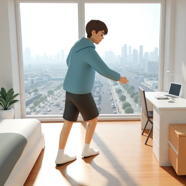 A traveler, wearing a blue hoodie, black athletic shorts, and white socks, is performing heel slides on a wooden floor in a hotel room. The traveler has short, brown hair and appears focused as they slide their feet back and forth. In the background, large windows reveal a bustling city landscape with high-rise buildings, busy streets filled with cars, and people walking below. The room features a neatly made bed with white linens and a gray blanket, a small desk with a laptop, and a potted plant near the window. Sunlight is streaming in, illuminating the scene.