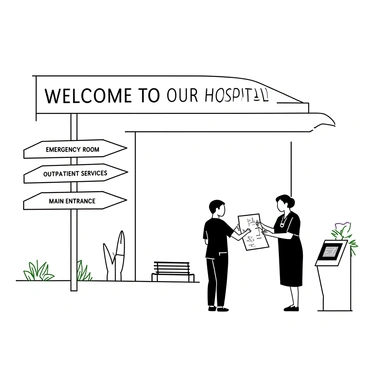 A large "Welcome to Our Hospital" sign is prominently displayed at the entrance of a hospital complex. Below the main sign, there are several directional arrows pointing to various locations, such as "Emergency Room," "Outpatient Services," and "Main Entrance." Each arrow is clearly marked with black text on a white background. Nearby, a staff member in scrubs is standing next to a digital information kiosk, assisting a visitor who is holding a map. The complex is surrounded by landscaped gardens with benches for visitors.