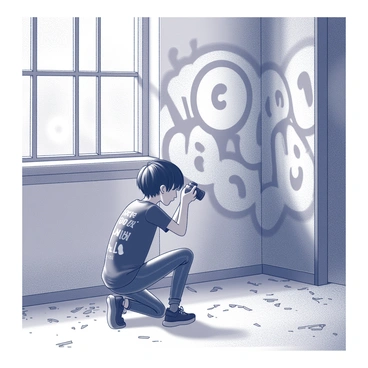 A teenage person with black hair styled in an emo fashion is inside an abandoned building. They are wearing a dark graphic t-shirt and skinny jeans. The teen is crouched down, focusing intently on a section of unique graffiti on the wall, capturing it with a camera. The graffiti features intricate designs and bold lettering. Various elements of decay surround the scene, including peeling paint, broken windows, and scattered debris on the floor. The atmosphere conveys a sense of exploration and curiosity.
