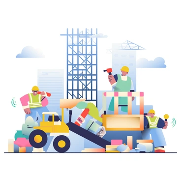 A busy construction site is filled with activity and movement. There are several workers in hard hats and safety vests operating heavy machinery, including a yellow bulldozer and a concrete mixer. In the background, a tall building skeleton is in progress, with steel beams and scaffolding rising towards the sky. Sound waves are illustrated around the workers, representing the noise of drills and hammers. One worker is using a drill, while another is hammering nails into wooden frames. The ground is covered with construction materials such as bricks, lumber, and pipes, and a blue sky with a few fluffy clouds provides the backdrop.