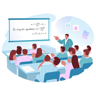 A classroom filled with students seated at desks, each focused on the lesson about quadratic equations. The whiteboard at the front of the room displays a large equation in clear handwriting, highlighting the formula for finding roots. Papers and notebooks are scattered across the desks, some open with notes taken during the lesson. A teacher stands to the side of the whiteboard, pointing at the equation while gesturing to encourage questions. Bright posters related to mathematics adorn the walls, adding a vibrant touch to the educational setting.