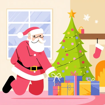 Santa Claus with a fluffy red suit and a white fur trim is kneeling next to a beautifully decorated Christmas tree. The tree is adorned with colorful ornaments, twinkling lights, and a shining star on top. Santa is carefully placing vibrant wrapped gifts, some with large bows, underneath the tree. The cozy living room features a crackling fireplace with stockings hanging above it. Soft, warm light from the fireplace illuminates the room, casting gentle shadows. A plush rug covers the floor, and there are holiday decorations on the walls, creating a festive atmosphere. A window shows a snowy scene outside, with snowflakes gently falling.