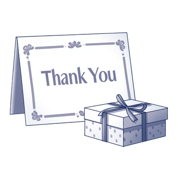 A hand-drawn card with the words "Thank You" prominently displayed in the center. The card has decorative elements such as floral designs or borders around the text. Next to the card, there is a small wrapped gift, neatly tied with a ribbon. The gift box has a simple pattern, enhancing its presentation. The composition focuses on the card and gift, showcasing a thoughtful gesture.