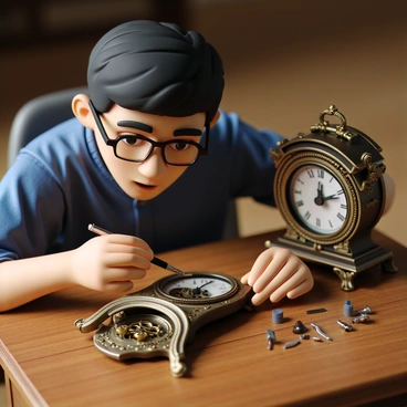 A close-up view of a person with light brown skin and short black hair, focused on fixing a vintage clock. The person is wearing a blue shirt and has glasses on. Small tools such as a tiny screwdriver and tweezers are in their hands. The wooden table has a rich texture, and the vintage clock, with ornate details and a brass finish, is partially disassembled, revealing intricate gears and mechanisms inside. Soft, natural light illuminates the scene, highlighting the careful concentration of the person's expression.