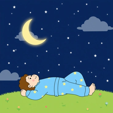 A child with light skin and curly hair is lying on a grassy hill, looking up at the night sky. The child is wearing blue pajamas with yellow stars printed on them. The sky is deep blue, filled with numerous twinkling white stars scattered across it. A large, glowing crescent moon hangs low in the sky, illuminating the scene with a soft light. The child has a look of wonder on their face, with wide eyes and a slight smile as they gaze at the stars. A few fluffy clouds drift lazily across the sky, adding depth to the scene. The grassy hill is dotted with small, colorful flowers.