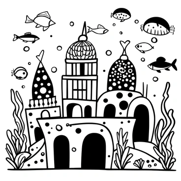 A fantastical underwater city with intricate, glowing structures resembling coral reefs and seashells. The buildings are adorned with patterns and textures that mimic the natural forms of marine life. Schools of diverse fish swim gracefully around the structures, showcasing a variety of shapes and sizes. Large, jellyfish-like creatures float gently through the water, their translucent bodies illuminating the surroundings. Seaweed and other aquatic plants sway in the currents, adding movement to the scene. Bubbles rise from the ocean floor, creating a sense of depth and liveliness in the underwater environment.