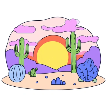 A desert landscape featuring various types of cacti, including tall saguaro cacti and smaller barrel cacti. The cacti are silhouetted against a vibrant sunset with hues of orange, pink, and purple blending in the sky. The ground is sandy and scattered with small rocks, enhancing the desert feel. The scene captures the unique shapes and details of the cacti against the colorful backdrop of the setting sun.