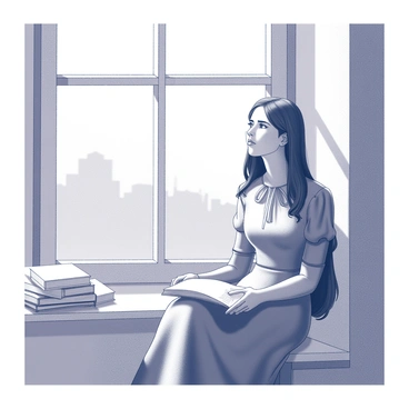 A woman with long, dark hair is sitting near a large, sunlit window. She is wearing a simple, historical dress with a high neckline and fitted bodice. Her face shows a contemplative expression as she gazes thoughtfully outside. The sunlight casts soft shadows on her features, highlighting her pensive demeanor. The window frame is detailed, with multiple panes allowing a view of the outside scenery. The room has a simple yet cozy feel, with an assortment of books scattered around her, suggesting a love for literature.