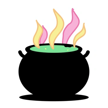 A black cauldron, round and sturdy, sits on a stone surface. The cauldron is filled with a vibrant green potion that bubbles energetically. Surrounding the cauldron, swirling orange and red flames dance gracefully, illuminating the scene with a warm glow. The background showcases dark shadows, emphasizing the bright colors of the potion and flames.
