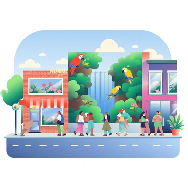 A vibrant city street is bustling with activity. In the background, a large mural covers the side of a brick building, featuring various scenes of nature and wildlife. The mural depicts a colorful rainforest with dense green trees, a cascade of blue waterfalls, and exotic animals such as a parrot with bright feathers perched on a branch. Nearby, there are people walking along the sidewalk, some stopping to admire the artwork. The street is lined with small cafes, and there are flower pots with blooming plants placed along the edges of the sidewalks. A bright blue sky with fluffy white clouds completes the scene.
