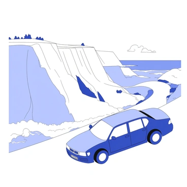 A car parked on a cliffside road with a panoramic view of the rugged coastline