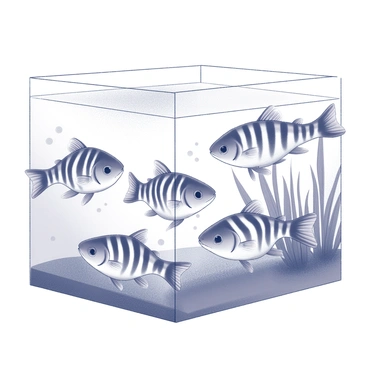 A group of zebrafish is swimming in an aquarium. The fish have distinct vertical black and white stripes along their bodies. The water appears to be in motion, creating soft waves that gently flow through the tank. There are small bubbles rising from the substrate, adding a dynamic aspect to the scene. The fish are positioned in various orientations, some swimming against the current while others are gliding smoothly with the flow. The background includes aquatic plants swaying with the movement of the water.