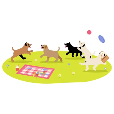 A group of playful puppies with various fur colors, including brown, black, and white, are frolicking in a grassy park. The scene features a bright green lawn dotted with wildflowers. One puppy is excitedly chasing a bright red ball, while another puppy is leaping to catch a blue frisbee soaring through the air. A few more puppies are playfully wrestling with each other, their tails wagging joyfully. Nearby, a colorful picnic blanket is spread out with a picnic basket, adding to the cheerful atmosphere of the park.