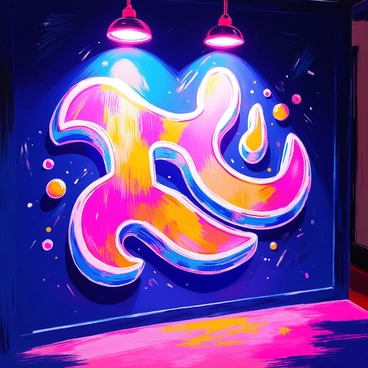 A logo is displayed prominently, illuminated by bright lights. The logo features bold, dynamic shapes and vibrant colors that signify a strong brand identity. The lighting highlights the edges of the logo, creating a striking contrast against the surrounding dark background. The overall composition emphasizes the logo's design, showcasing its impact and uniqueness.