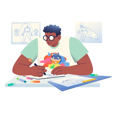 A comic book artist creating a new superhero character with vibrant colors and dynamic poses
