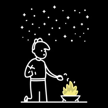 A silhouette of a person with a raised arm, tending a small fire. The flames are flickering brightly, casting a warm glow in the dark surroundings. The person is wearing a simple outfit and has a relaxed posture. Above, a starry sky is filled with numerous stars, creating a striking contrast against the dark background. The scene evokes a sense of calmness and connection to nature.