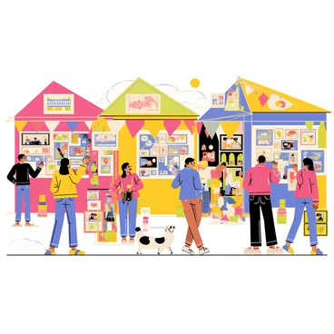 A vibrant outdoor art festival filled with colorful stalls. Each stall is adorned with bright banners and displays of various artworks, including paintings, sculptures, and handmade crafts. Artists in the stalls are engaged with visitors, discussing their creations and demonstrating techniques. The atmosphere is lively, with people walking around, admiring the art. Some attendees are holding shopping bags filled with purchases, while others are taking photos. The sun is shining, casting warm light over the bustling scene, enhancing the vivid colors of the artworks on display.