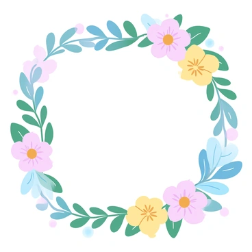 A decorative vector frame is designed using colorful flowers and leaves. The flowers are in various shades, including pink, yellow, and blue, with intricate patterns on the petals. Surrounding the frame are vibrant green leaves, adding a fresh contrast to the floral elements. The frame is symmetrical, allowing for ample space in the center, ideal for placing a greeting or message. The overall composition is lively and inviting, perfect for a greeting card setting.