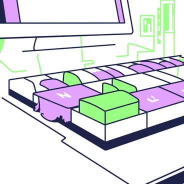 A close-up view of a computer keyboard with several keys missing and others askew. The keyboard has a clean, modern design, and the remaining keys are a mix of green and purple letters and symbols. Some keys are tilted at an angle, while others are completely absent, exposing the underlying circuit board. The surface of the keyboard features a smooth texture, with light reflections glinting off the plastic. In the background, there are faint outlines of a desk and a monitor, suggesting a workspace environment.