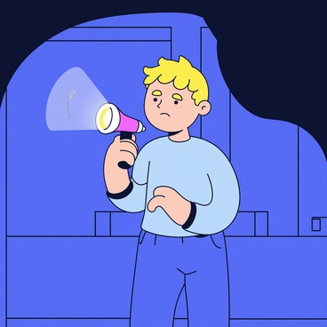A person with a worried expression, gripping a flashlight tightly in their hand. The room is dimly lit, with shadows cast on the walls, creating an atmosphere of uncertainty. The flashlight beam cuts through the darkness, illuminating a small area in front of them, while the rest of the room remains obscured. The person is standing with slightly hunched shoulders, suggesting tension and apprehension.