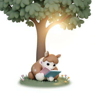 A llama, with a soft brown and white coat, is sitting comfortably on the green grass underneath a large leafy tree. It has its head bent down, focused on a colorful book resting in its front hooves. The sun shines brightly overhead, casting dappled light through the tree leaves, creating a warm and inviting atmosphere. Around the llama, the lush grass is dotted with small wildflowers, adding splashes of color to the scene. The llama's eyes are wide with curiosity, capturing its engrossed expression as it reads.